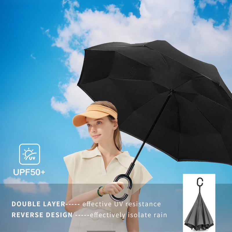 SIEPASA 49/56 Inch Inverted Reverse Upside Down Umbrella, Extra Large Double Canopy Vented Windproof Waterproof Stick Golf Umbrellas with C-shape Handle.ï¼ˆBlack, 49 Inch - Image 3